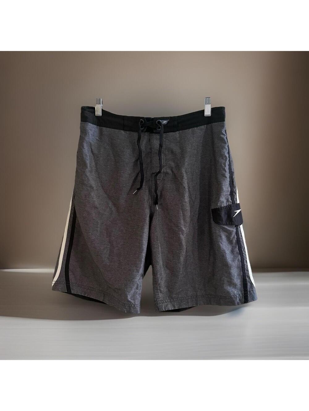 Speedo Mens Board Shorts Gray Black Swim Trunks Medium Surf Beach